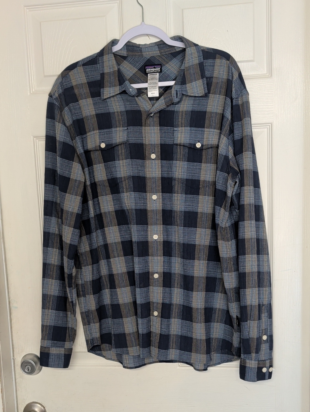 Patagonia Lightweight Organic Cotton Long Sleeve Plaid Shirt Blue Men's Large